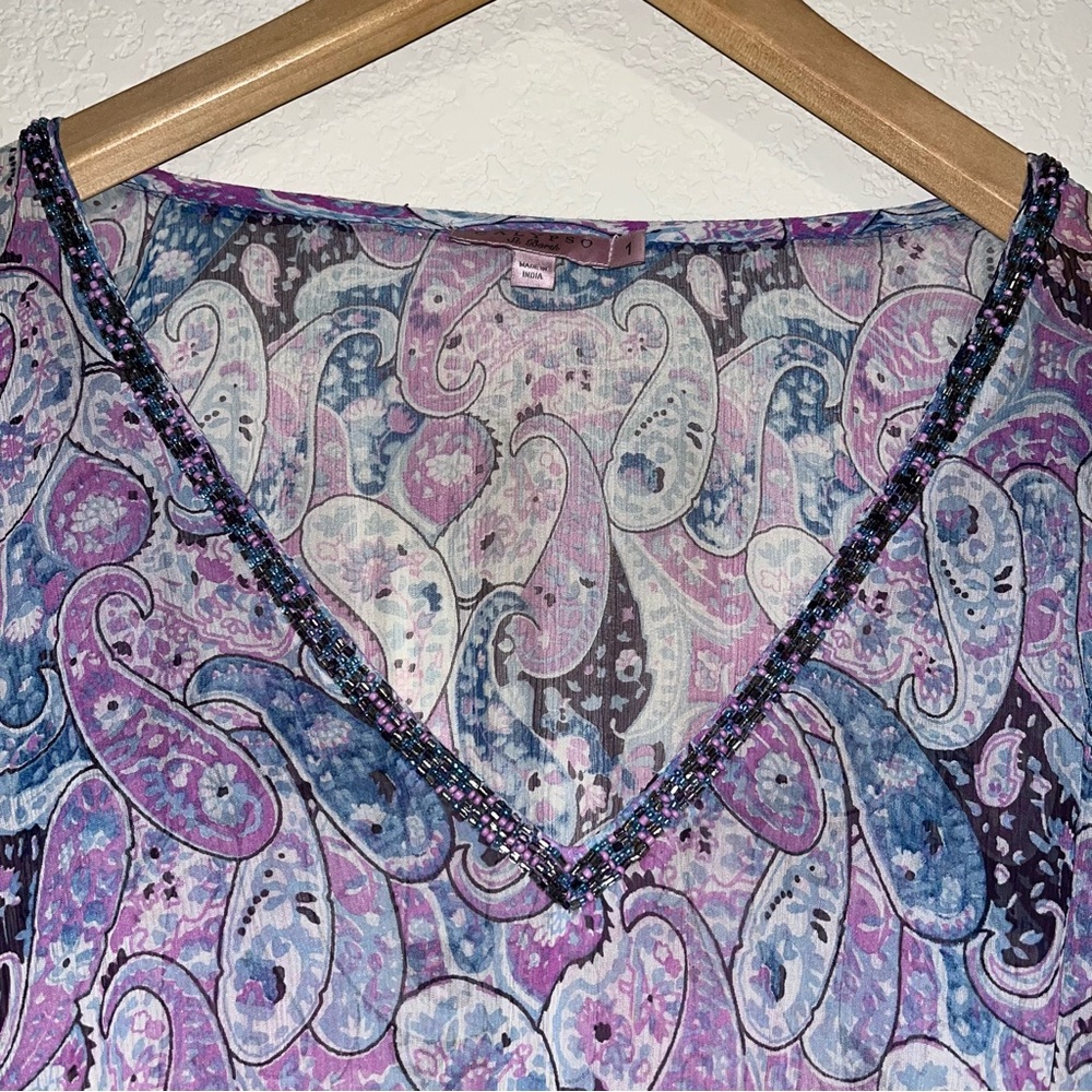 Calypso St. Barth 100% Silk Sheer Bead Boho Y2K Paisley Kimono Maxi Dress SZ 1 - Picture 4 of 15